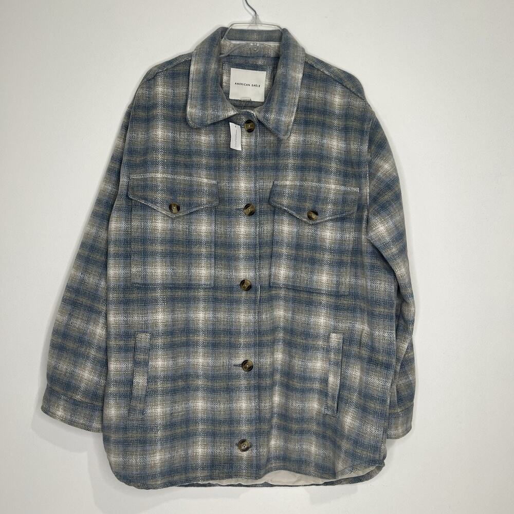 America Eagle Women’s Size L Brushed Plaid Shacket Oversized In Gray Blue NWT